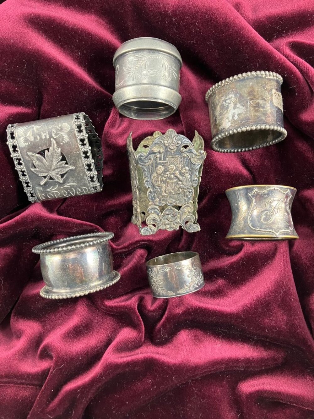 Lot of 7 Antique Silverplated Filigree Metal Napkin Rings Crafts Collectible